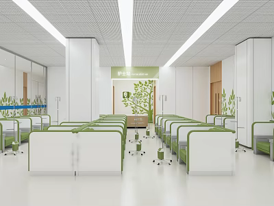 Modern Office Environment With White Green Cubicles Plants And Ceiling Light Strips 3d model