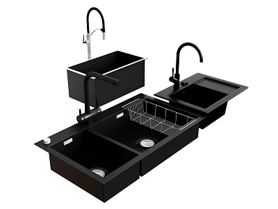 Modern Kitchen Faucet With Black Double Basin Sink And Stainless Steel Dish Rack 3d model