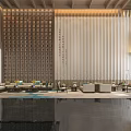 Modern Hotel Lobby With Wooden Slat Panels Marble Wall And Relief Mural