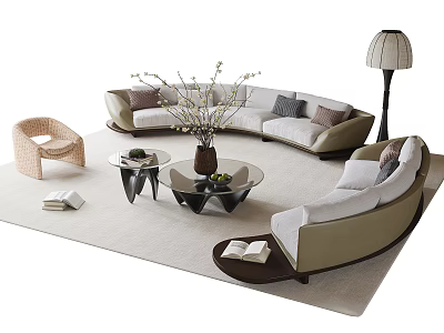 Modern Curved Sofa Round Coffee Table Set With Decorative Vase Floor Lamp Rattan Chair 3d model