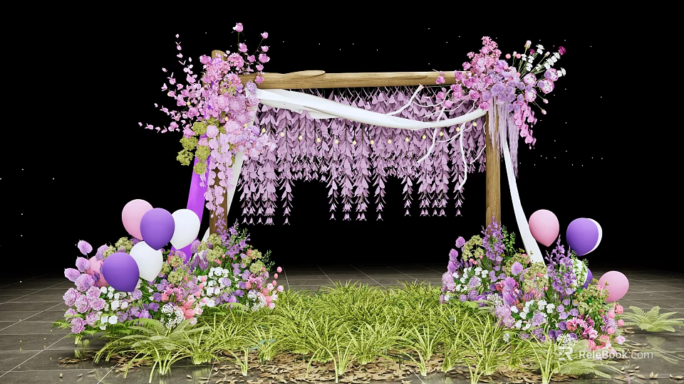 Floral Art Display With Wooden Arch Pink Purple Flowers White Drapes And Balloons 3d model 