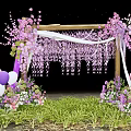 Floral Art Display With Wooden Arch Pink Purple Flowers White Drapes And Balloons