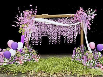 Floral Art Display With Wooden Arch Pink Purple Flowers White Drapes And Balloons 3d model