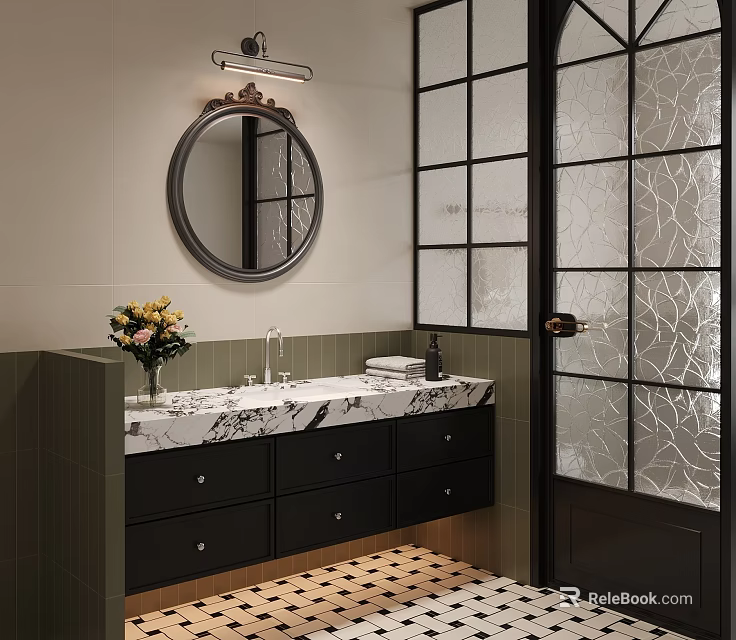 Modern Bathroom Interior With Round Mirror Marble Countertop And Patterned Glass Shower Door 3d model 