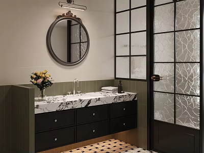 Modern Bathroom Interior With Round Mirror Marble Countertop And Patterned Glass Shower Door 3d model