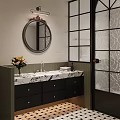 Modern Bathroom Interior With Round Mirror Marble Countertop And Patterned Glass Shower Door