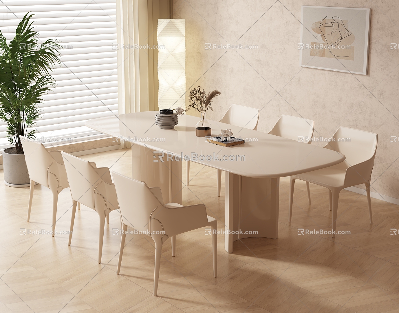 Modern Cream Style Dining Table and Chair Rectangular Dining Table Fabric Dining Chair Six-person Vase Ornaments 3d model