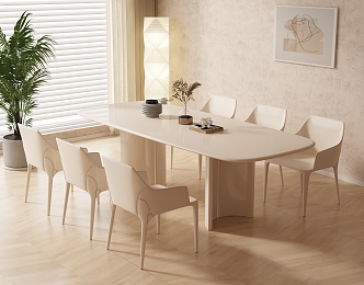 Modern Cream Style Dining Table and Chair Rectangular Dining Table Fabric Dining Chair Six-person Vase Ornaments 3d model