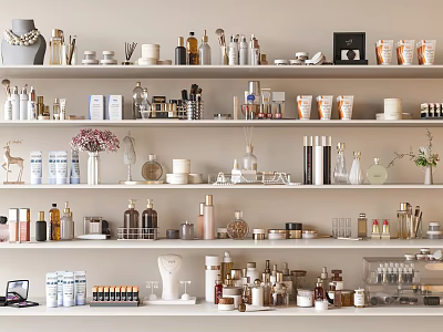 Elegant Display of Various Perfume and Cosmetics Products on Organized Shelves 3d model