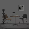 Modern Minimalist Round Table And Chairs Set Wooden Black Metal Base Floor Lamp Wall Art