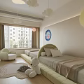 Kids Room Interior Design With Soft Bed Stuffed Toys Moon Decor And Cloud Pendant Lights
