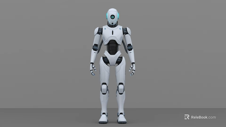 Smart Humanoid Robot With White And Black Appearance Circular Head And Blue Eye Sensor 3d model 