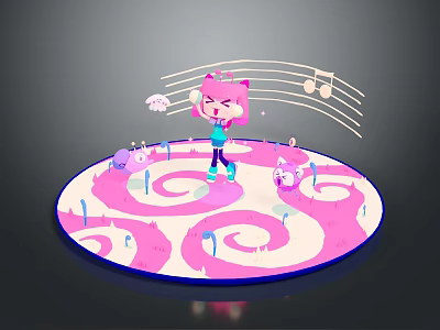 Child singing with music notes and cute animals on round pink spiral platform 3d model