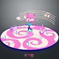 Child singing with music notes and cute animals on round pink spiral platform
