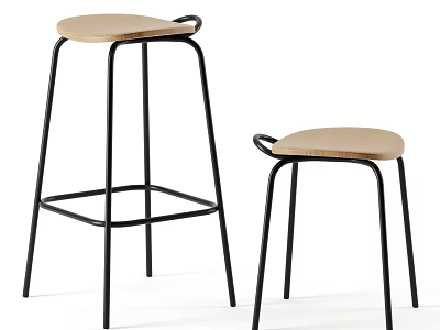 Modern Minimalist Bar Stools With Black Metal Frames And Light Wooden Seats 3d model