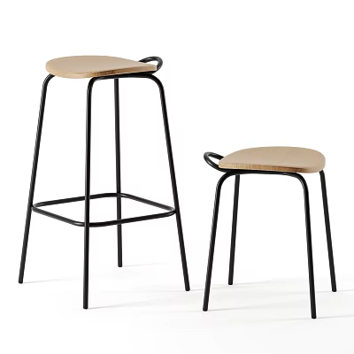 Modern Minimalist Bar Stools With Black Metal Frames And Light Wooden Seats 3d model