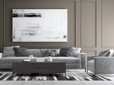 Modern Sofa And Coffee Table Set With Gray Upholstery Abstract Wall Art And Striped Rug 3d model