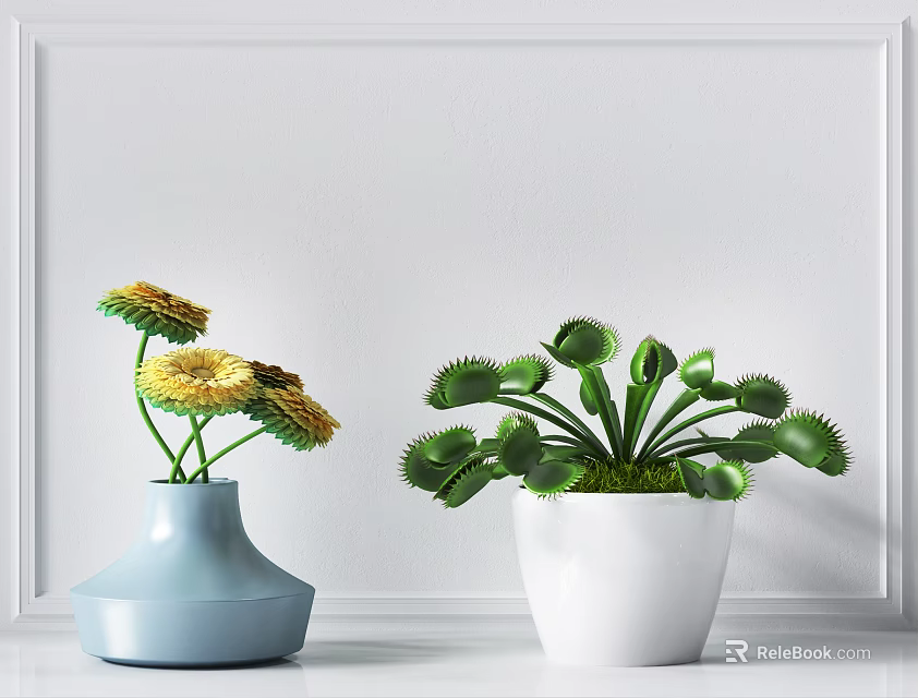 Light Blue Vase With Yellow Flowers And White Pot Venus Flytrap On White Framed Wall 3d model 
