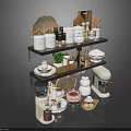 Organized Kitchenware Display With Jars Bowls Mixer Basket And Utensils On Multi Layer Shelves