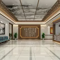 Traditional Service Hall Interior With Wooden Decorations Calligraphy Wall And Service Counters