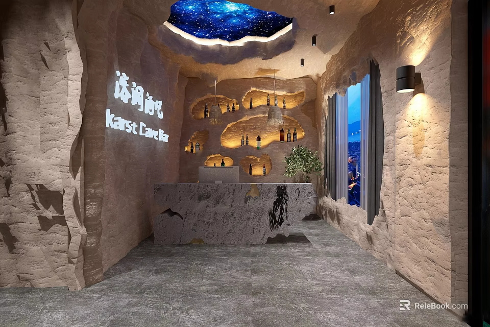 Karst Land Reception Area With Starry Ceiling Stone Walls Marble Desk And Green Plant 3d model 