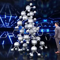 Man in Suit Observing Silver Sphere Molecular Structure with Blue Tech Lines and Hexagonal Patterns 3d model