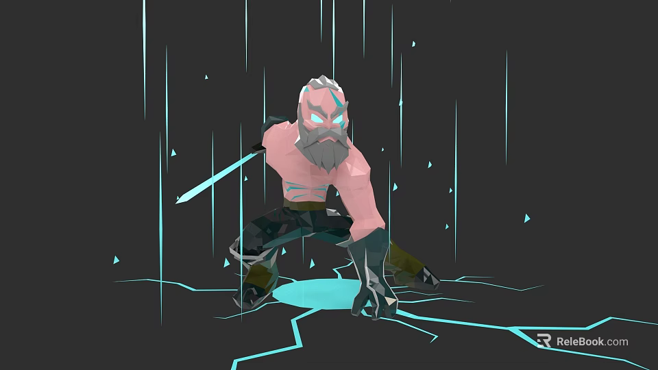 Crouching Game Movie Character With Gray Beard Blue Eyes And Glowing Sword On Cracked Ground 3d model 