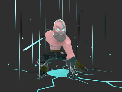 Crouching Game Movie Character With Gray Beard Blue Eyes And Glowing Sword On Cracked Ground 3d model