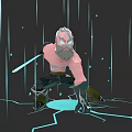 Crouching Game Movie Character With Gray Beard Blue Eyes And Glowing Sword On Cracked Ground