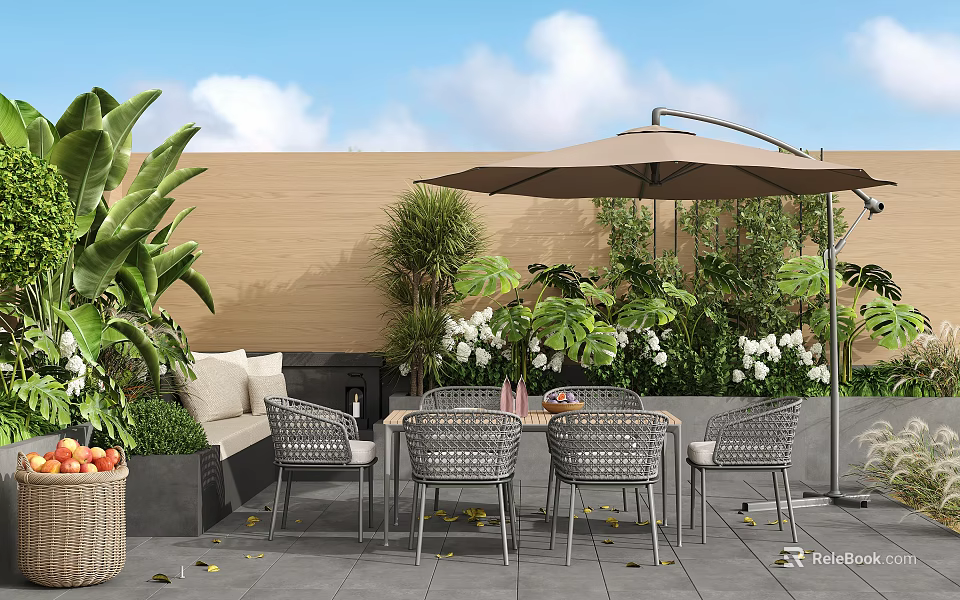 Modern Garden Patio With Wicker Furniture Set Outdoor Umbrella Lush Green Plants And White Flowers 3d model 
