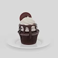 Chocolate Cupcake With White Whipped Cream Chocolate Cookie And Marshmallows On White Plate