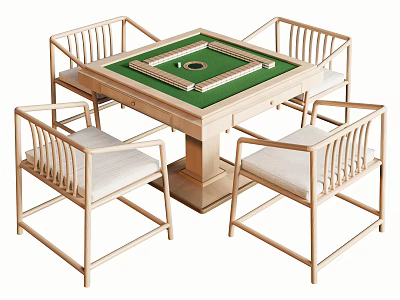 Wooden Table And Chairs Set With Green Mahjong Tabletop Upholstered Seats And Backrests Modern Design 3d model