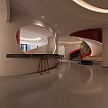 Modern Style Lobby Interior With Curved White Walls Circular Ceiling Lights And Spiral Staircase