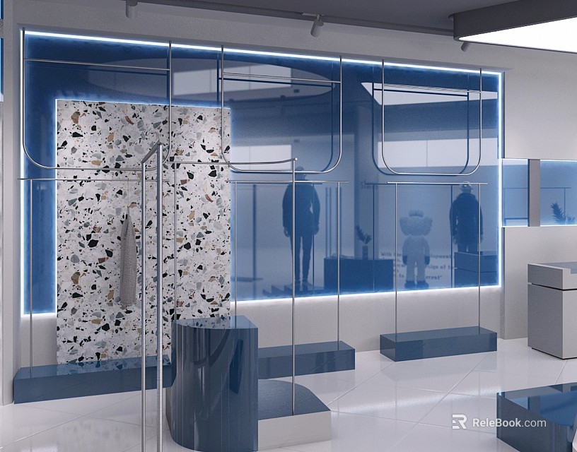 Elegant Modern Clothing Store Interior With Glass Display Cabinets Marble Wall And Mannequins 3d model 