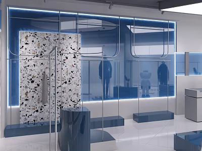 Elegant Modern Clothing Store Interior With Glass Display Cabinets Marble Wall And Mannequins 3d model