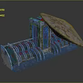 Futuristic Building Model With Curved Roof Green Glass Windows And Circular Metallic Tiers