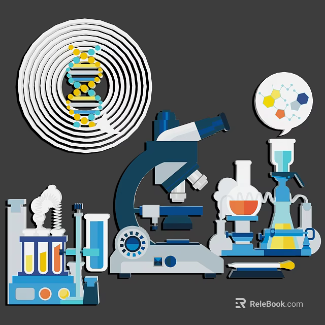 Science Themed Wall Decor Featuring DNA Helix Microscope And Lab Equipment 3d model 