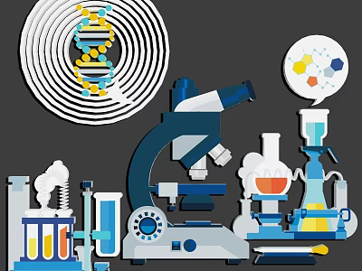Science Themed Wall Decor Featuring DNA Helix Microscope And Lab Equipment 3d model
