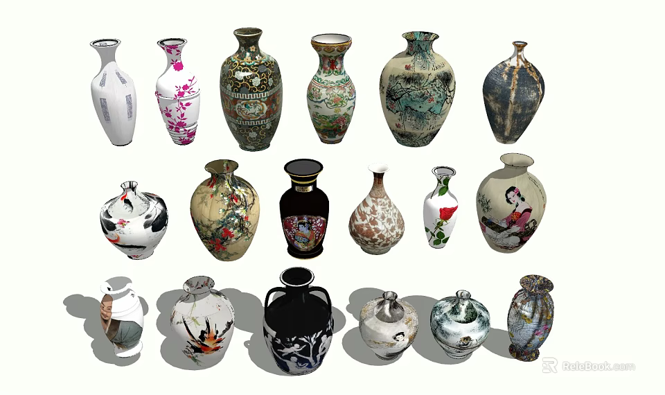 Artistic Decorative Ornaments Set With Various Patterned Vases And Unique Designs 3d model
