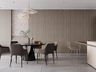 Modern Restaurant Interior With Wooden Walls Round Dining Table Chairs Pendant Light And Decorative Plant 3d model