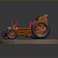 Vintage Car with Orange Barrel Body Red Striped Seat Large Black Wheels on Circular Stand