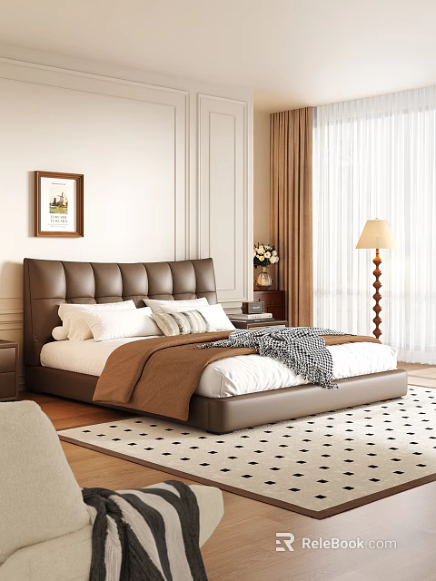 Brown Leather Double Bed with Nightstand Vase Floor Lamp and Patterned Rug 3d model 