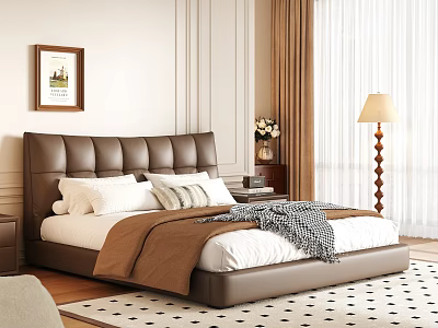Brown Leather Double Bed with Nightstand Vase Floor Lamp and Patterned Rug 3d model