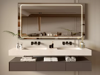 Modern Bathroom Vanity With Double Sink Countertop Drawers Towel Palm Leaves and Mirror 3d model