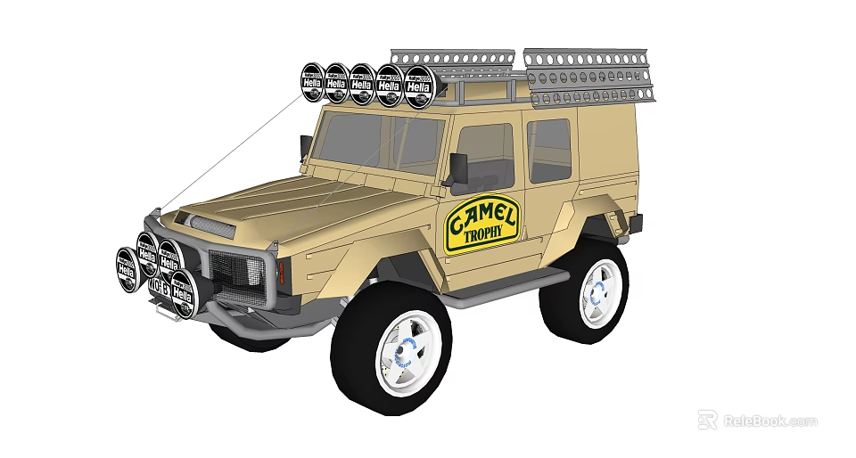 Beige Camel Explorer Off Road Vehicle With Roof Rack Spotlights And Large Tires 3d model 