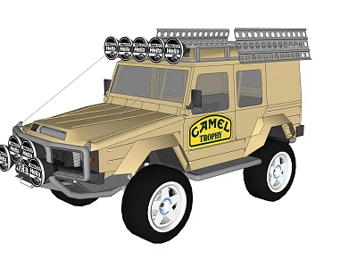 Beige Camel Explorer Off Road Vehicle With Roof Rack Spotlights And Large Tires 3d model