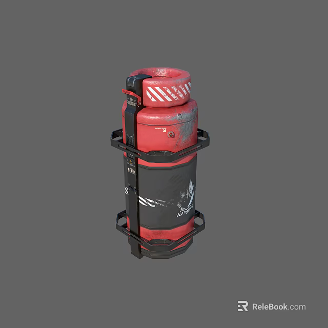 Red Metal Industrial Cylinder Container With Black Straps And White Stripes 3d model 