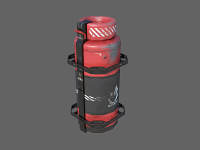 Red Metal Industrial Cylinder Container With Black Straps And White Stripes 3d model