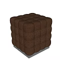 Brown Leather Ottoman with Square Stitched Design and Silver Metal Base