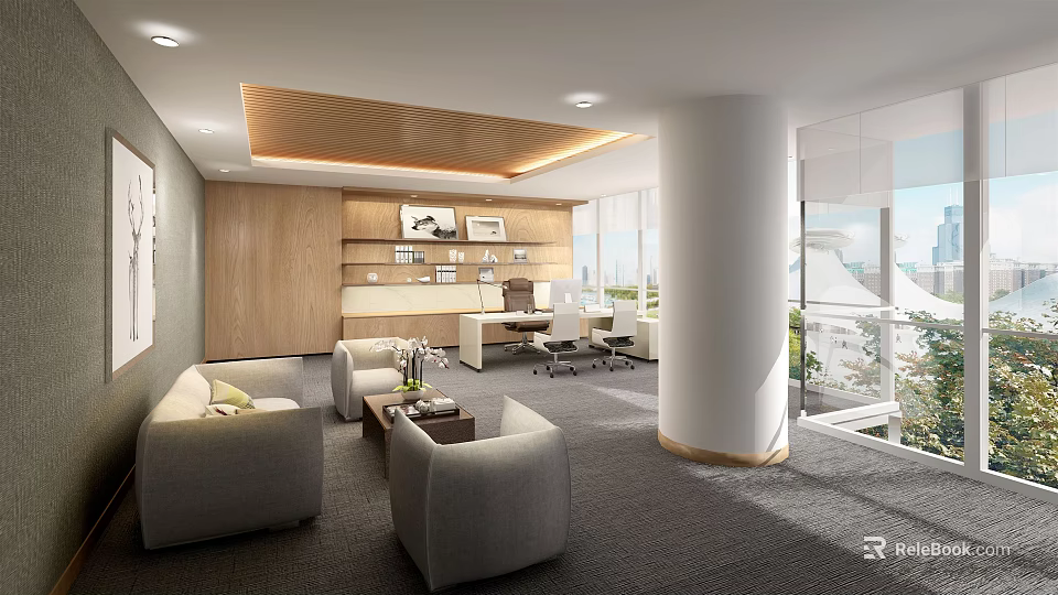 Modern Office Interior Design With Open Concept Wooden Bookshelves Sofas And Floor to Ceiling Windows 3d model